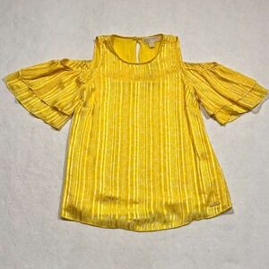 Michael Kors Top Blouse Cold Shoulder Short Sleeve Ruffle Yellow Metallic Size M